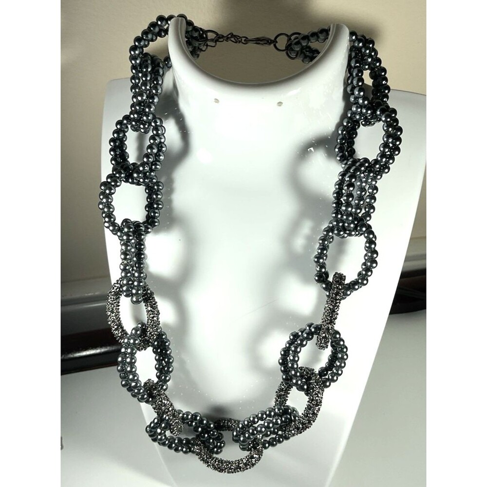 Metallic Dark Grey Necklace Beaded Circle Link 18 Inch Long w/ Rhinestone Links
